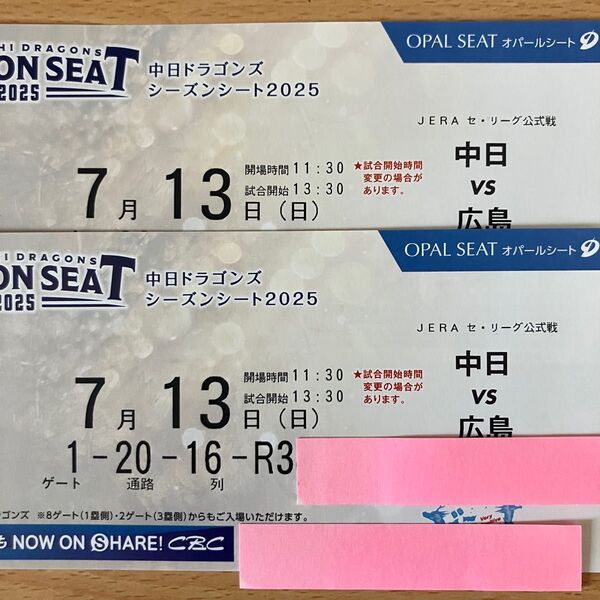 7月13日(日) 中日VS広島 バンテリンドーム オパールシート2枚セット