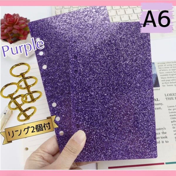 パープル A6 アクリルバインダー ラメ入り バインダー貯金 現金管理 推し活 子供シール帳 キラキラバインダー おまけリング付