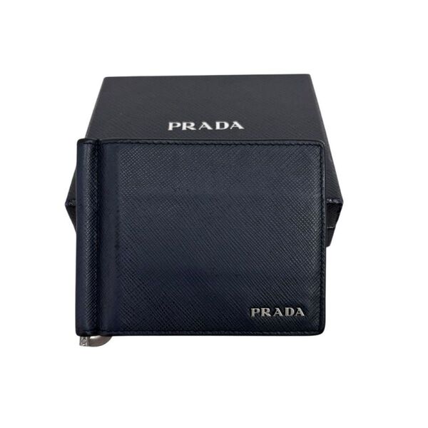 【箱付き】 PRADA プラダ マネークリップ 札入れ 財布 サフィアーノ レザー ネイビー