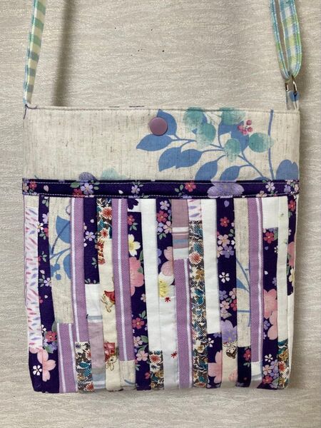 ハンドメイド パッチワーク ショルダーバッグ 花柄 ストライプ 紫 斜め掛け
