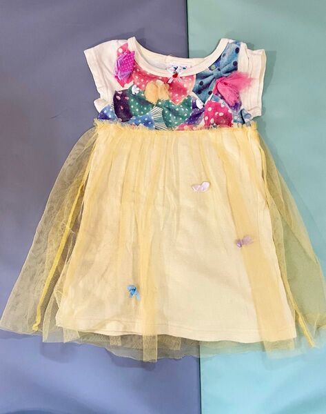 vanavana チュール リボン付き ワンピース イエロー ベビー服 90 半袖 女の子 キッズ