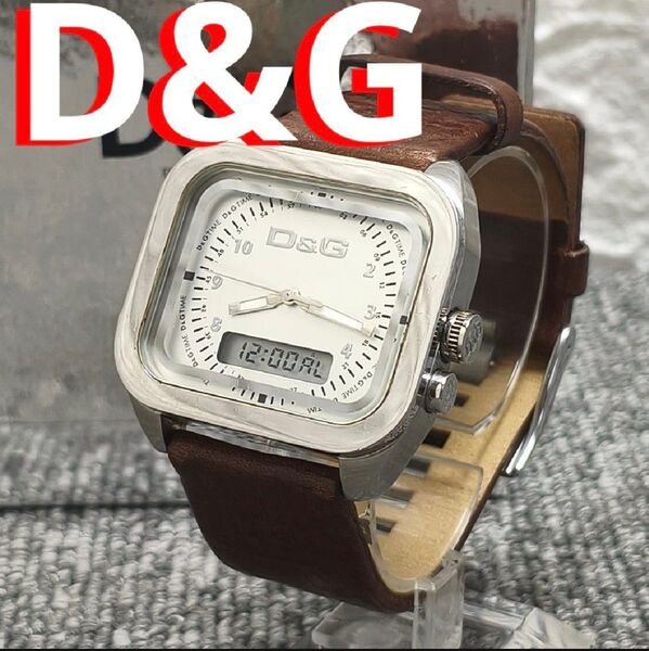 動作品 D&G デジタル腕時計 ブラウンレザー クロノグラフ 腕時計 クォーツ