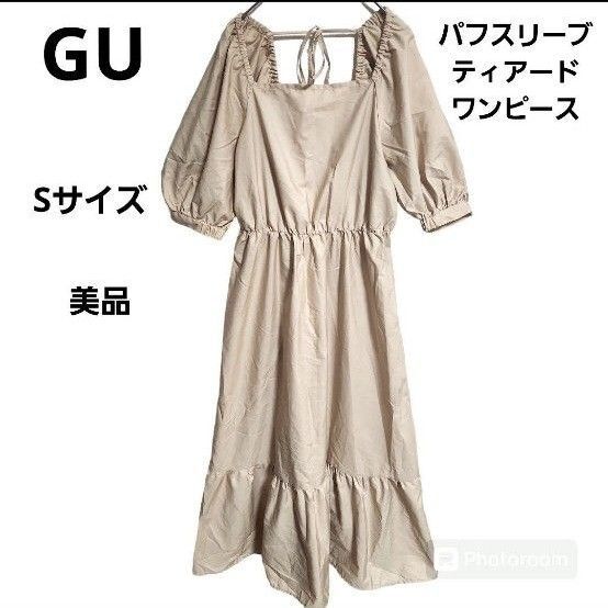 【GU】ジーユー/スクエアネックバックリボン付き ティアードワンピース/Sサイズ ロング