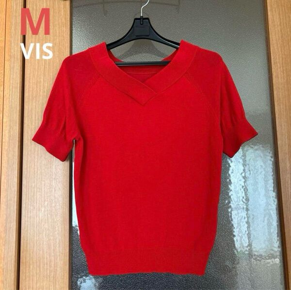 【VIS】重ねVネック半袖プルオーバー ニット M