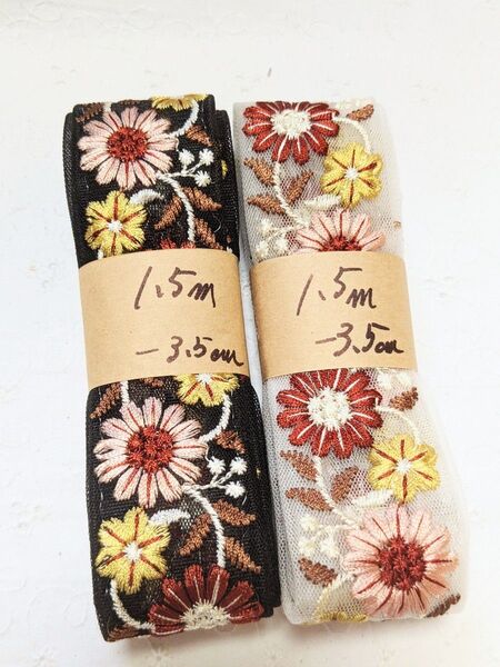②お得価格!インド刺繍リボン 1.5m×2本 アクセサリー ストラップ ハンドメイド資材