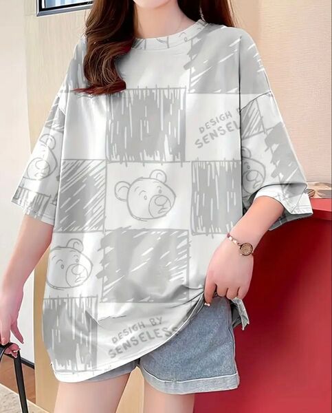トップス プリント柄 体型カバー プルオーバー Tシャツ レディース 半袖 着痩せ チュニック