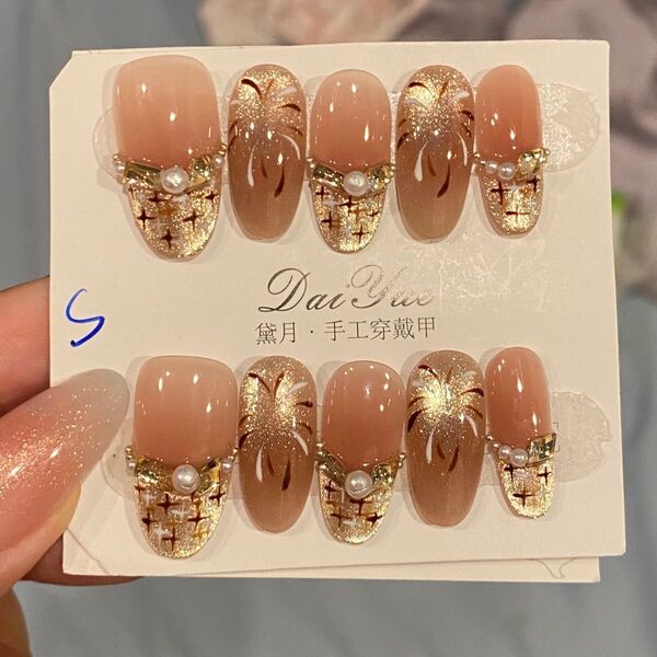 DaiYue ゴールド装飾 ネイルチップ 10個セット花火スマグネット ネイルチップ ミディアム フレンチ ジェルネイルチップ
