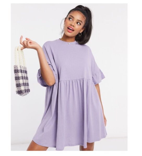 asos ラベンダー Aライン フリル袖 半袖ドレス マタニティ ワンピース 半袖 膝上丈 ショート フレア パープル トップス