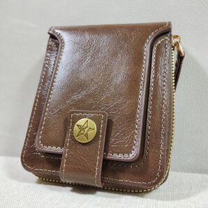 【新品未使用】二つ折り財布 レザー ブラウン ラウンドファスナー ヴィンテージ感