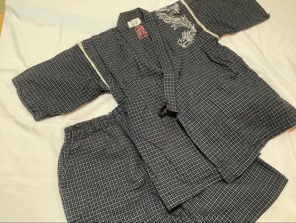 甚平 龍 刺繍 格子柄 上下セット ネイビー系 130cm