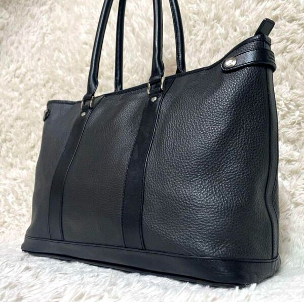 【美品】SEEKER シーカー トートバッグ ビジネスバッグ 肩掛け 通勤 A4可 自立 レザー ブラック 大容量 本革 シボ革