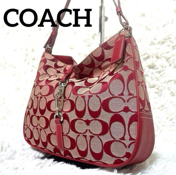 COACH コーチ ワンショルダーバッグ クリップホーボー 希少色 レッド シグネチャー キャンバス レザー 6091