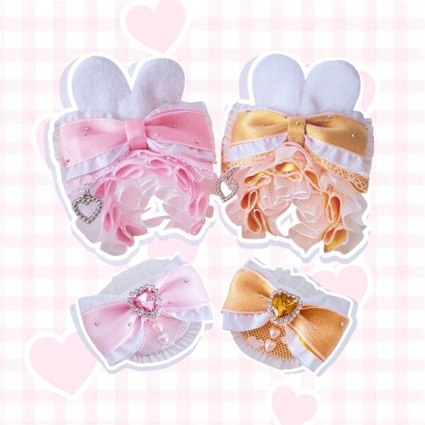 【No.A236 リクエスト品】10cm ぬい服 ぱぺっと ピンク・イエローゴールド×ホワイト うさ耳 ヘッドドレス スタイ