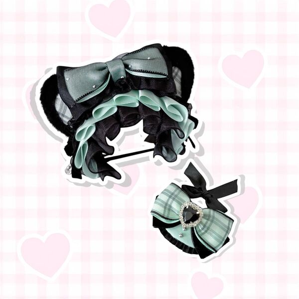 【No.A232 再販 リクエスト品】 10cm ぬい服 ぱペっとブラック×パステルグリーン 猫耳 ヘッドドレス スタイ