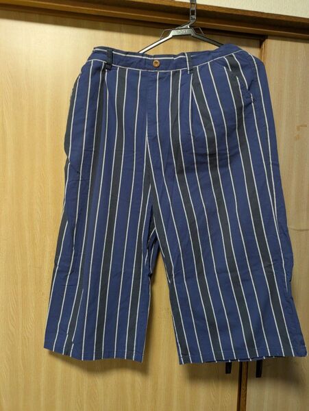 ストライプ柄 ハーフパンツ 七分丈パンツ 青×黒 LL