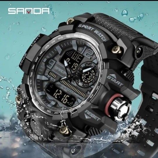 メンズ腕時計 デジアナ SANDA ウォッチ アナデジ アナログ デジタル ダイバーズ 防水50M 新品未使用 ALL Black
