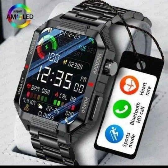 スマートウォッチ 軍用規格 心電図 体温計 血圧計/歩数/心拍数 健康管理モニタ NFC 日本語対応 通話機能付き 新品 ブラック