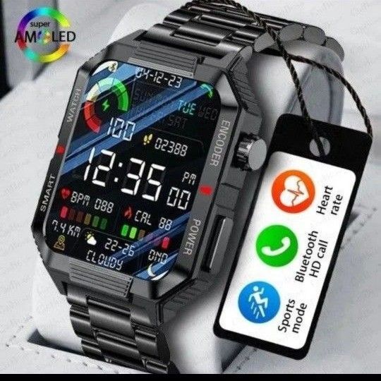 スマートウォッチ 新品 軍用規格 心電図 体温計 血圧計/歩数/心拍数 健康管理モニタ NFC 日本語対応 通話機能付き ブラック