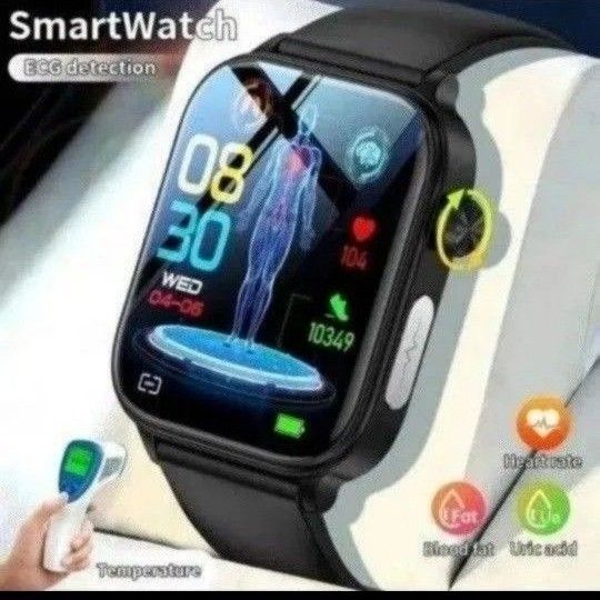 スマートウォッチ 血糖値 血圧計 体温計 心電図 ECG+PPG 体脂肪 血中酸素 心拍数 日本語対応 通話機能付 新品 ブラック