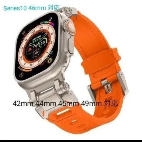 Apple watch バンド アップルウォッチ ベルト チタンメタルヘッド シリコン 42 44 45 46 49mm オレンジ