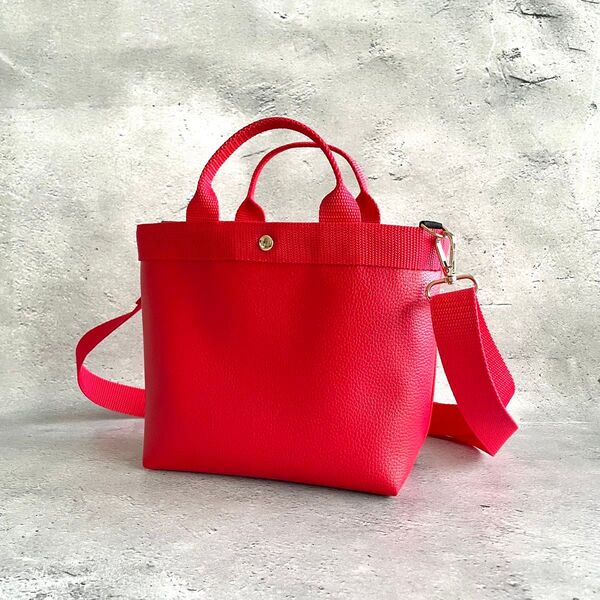 ハンドメイド フェイクレザーのショルダーバッグ 2way レッド