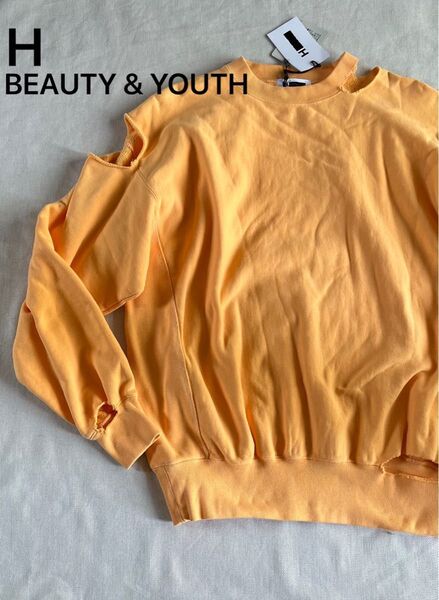 【新品】H BEAUTY & YOUTH ダメージ加工スウェット トレーナー プルオーバー 長袖