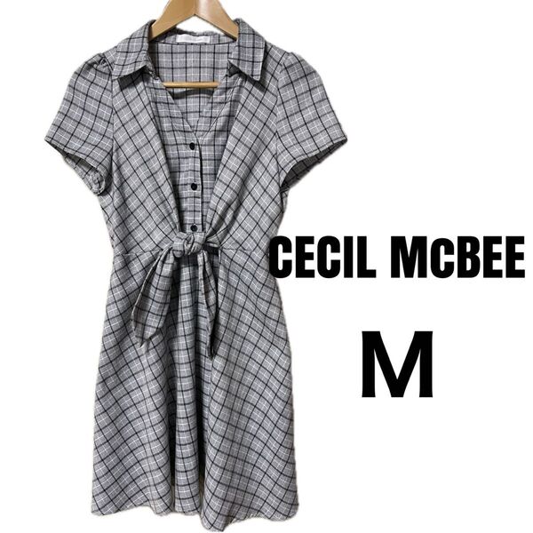 CECIL McBEE セシルマクビー 半袖 夏 ワンピース チェック グレー 膝上 ミニ Mサイズ リボン