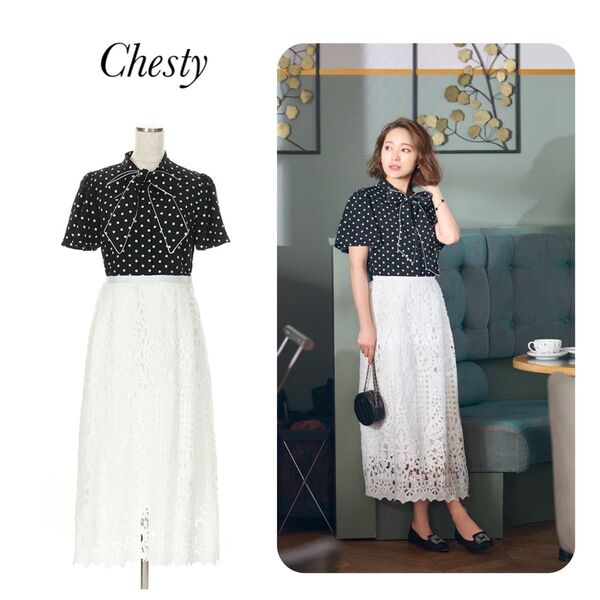 Chesty チェスティ ドットレースボウタイワンピース ブラック×ホワイト