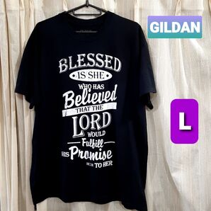 GILDAN プリントTシャツ Lサイズ 黒 ブラック ホワイト BLESSED Believed THAT THE LORD