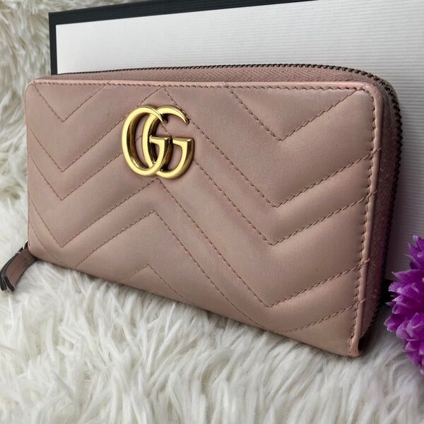 美品 グッチ GG マーモント 長財布 ラウンドジップ キルティング