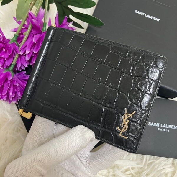 極美品 SAINT LAURENT マネークリップ クロコ型押し YSL 黒