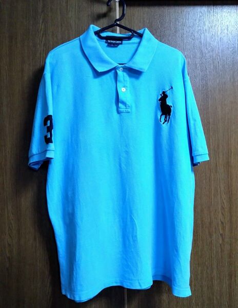 ポロ ラルフローレン POLO RALPH LAUREN ポロシャツ ビッグポニー 半袖刺繍 綿100% XL ブルー 中古品