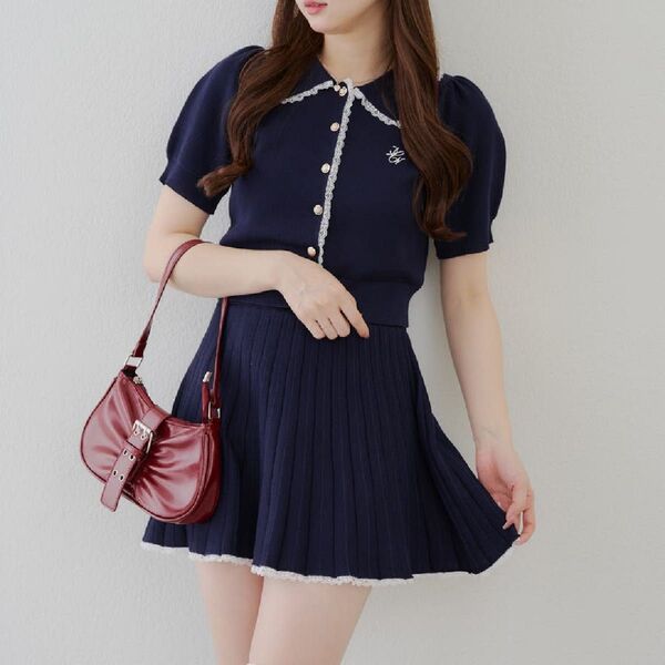 NICE CLAUP セットアップ カーディガン&スカート NICE CLAUP ポロ襟半袖ニットセットアップ ワンピース