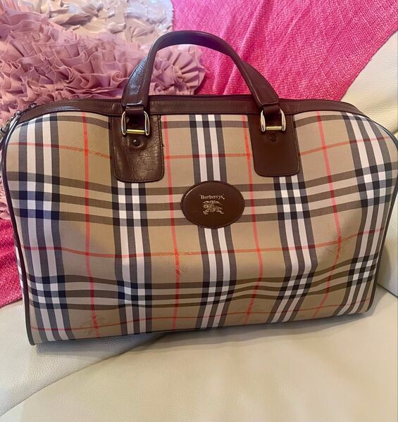 Burberry ノバチェック柄 ブラウンレザー 大判ボストンバッグ