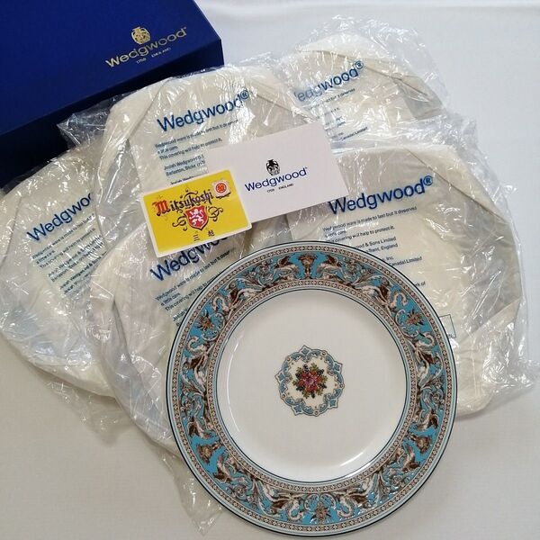《未使用保管品》WEDGWOOD ウェッジウッド 黒壺/23cmプレート×6枚 大皿 フロレンティーン ターコイズ
