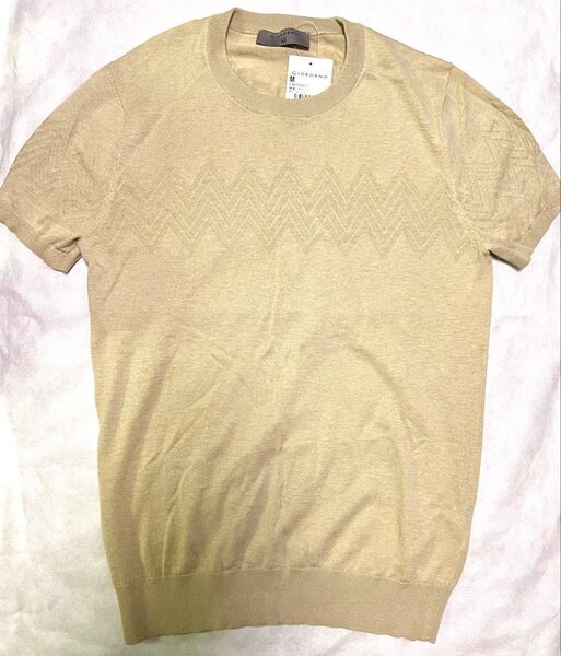 【新品】GIORDANO 綿麻 コットンリネン デザインニット 半袖 M ベージュ★サマーニット 涼感!メンズ ジョルダーノ