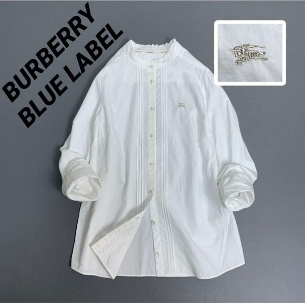 極美品 バーバリーブルーレーベル BURBERRY BLUE LABEL 長袖 ブラウス ピンタック フリルカラー ロゴ刺繍