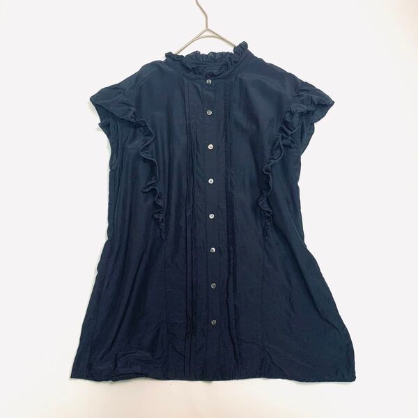 Spick&Span スピックアンドスパン ノースリーブ シャツブラウス シルク混 フリルカラー ブラック 黒 F