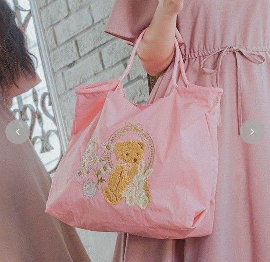 タグ付き未使用 しまむら 青木美沙子 コラボ 刺繍 エコバッグ くま ショッピングバッグ ピンク