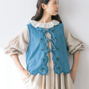 タグ付き未使用 サマンサモスモス kazumi 刺繍入リボンベスト ブルー