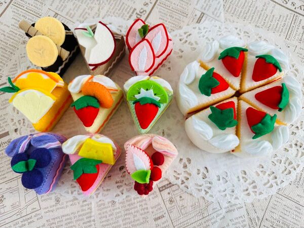 手作り フェルトケーキ ミニケーキ フルーツケーキ イチゴケーキ6個 9種類各1個 合計15個セット ままごと ハンドメイド