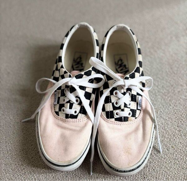 VANSバンズ シューズ ERA チェッカーフラッグ ピンク ブラック 白黒 チェック スニーカー 23.0cm