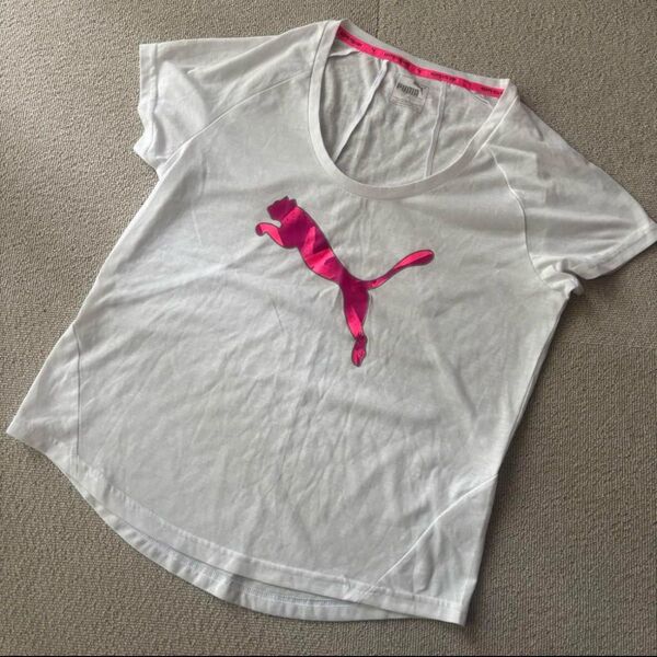 未使用 PUMA プーマ ホワイト 半袖 Tシャツ ピンク ロゴ S レディース クルーネック カットソー 白 ホワイト