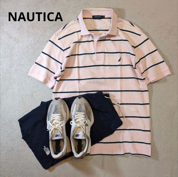 NAUTICA ノーティカ 胸刺繍ロゴ ラインボーダー 鹿の子ポロシャツ ピンク