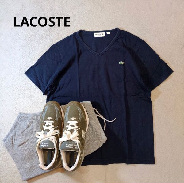 LACOSTE ラコステ 胸刺繍ロゴ Vネック 半袖Tシャツ ネイビー 色落少