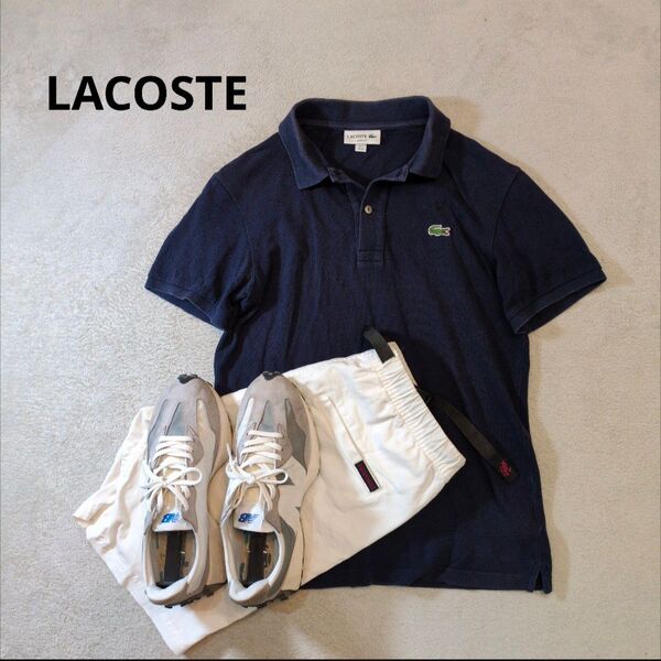 LACOSTE ラコステ 胸刺繍ロゴ 鹿の子ポロシャツ カノコ 紺 ネイビー