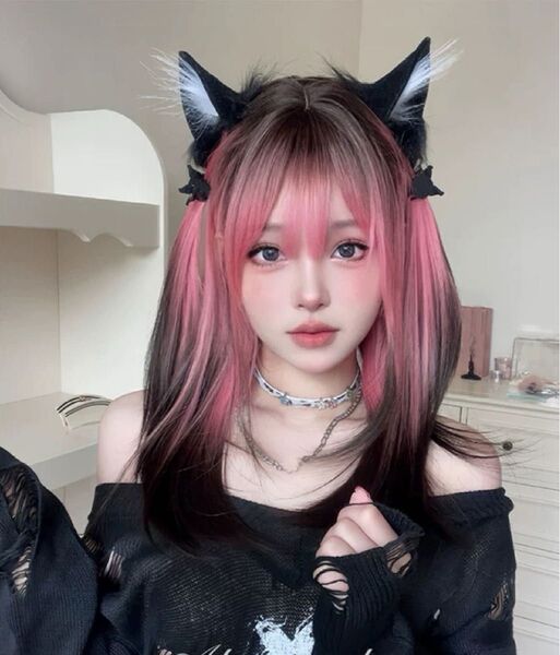 新品未使用リアルロングストレート配色サクラピンク×ナチュラルブラックウィッグ