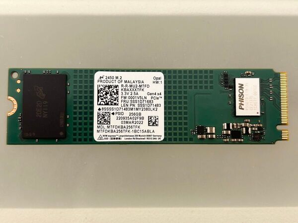 ② Micron 2450 M.2 2280 NVMe SSD 256GB PCIe Gen4 MTFDKBA256 未使用に近い