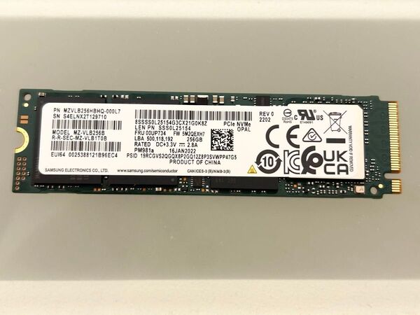 SAMSUNG PM981a M.2 2280 NVMe SSD 256GB PCIe Gen3 MZVLB256 未使用に近い