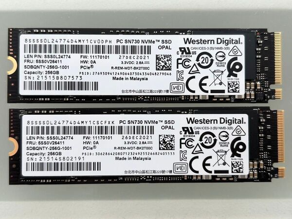 二個セット WD PC SN730 NVMe SSD 256G PCIe Gen3 M.2 2280 SDBQNTY 未使用に近い
